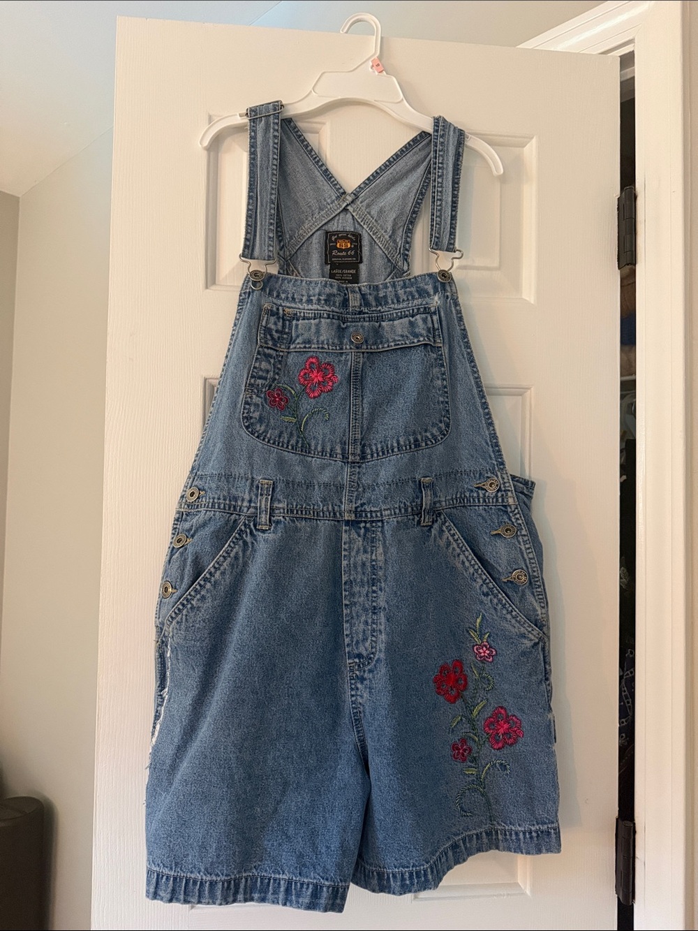 Route 66 Light Blue Denim Overalls with Flower Embroidery